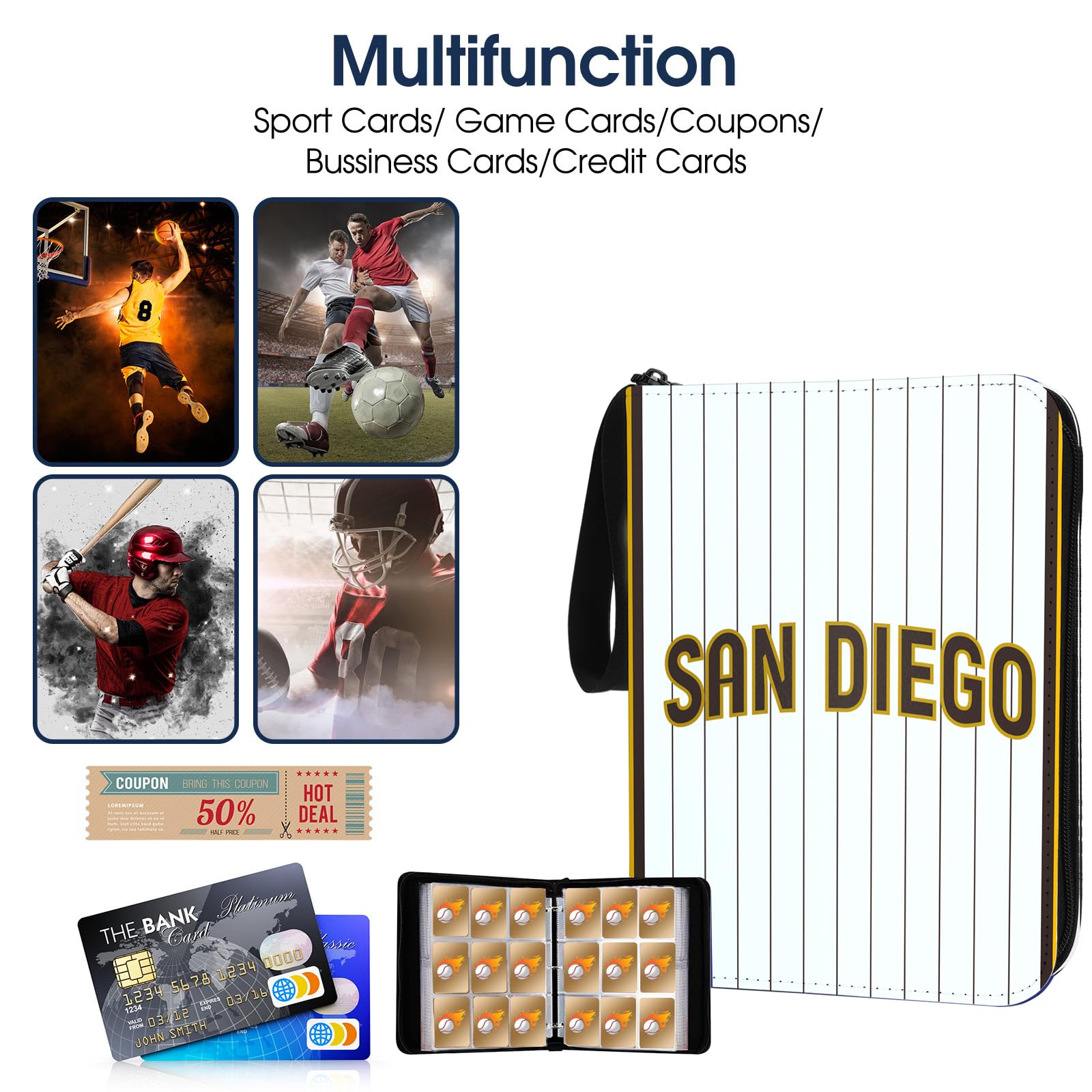 SDYGJS Sammelkarten-Baseball-Kartenbinder mit Ärmeln, 900 Taschen, San Diego Baseball-Sammelkartenhalter, Sammelalbum, Sport-Sammelkarte, 3-Ringbuch, Aufbewahrungsbuch, Ordner, Hülle