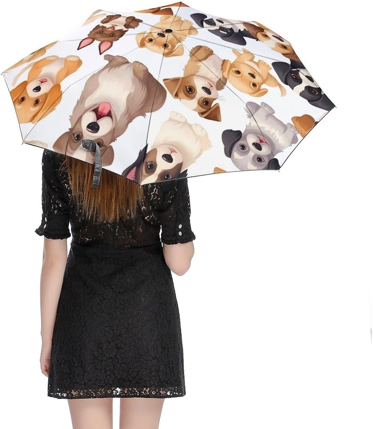 Cute Dog Auto Open Close Umbrella 3-Fold Design for Rain Sun Protection Funny Puppy Windproof Compact Umbrella for Walking Travel Lightweight