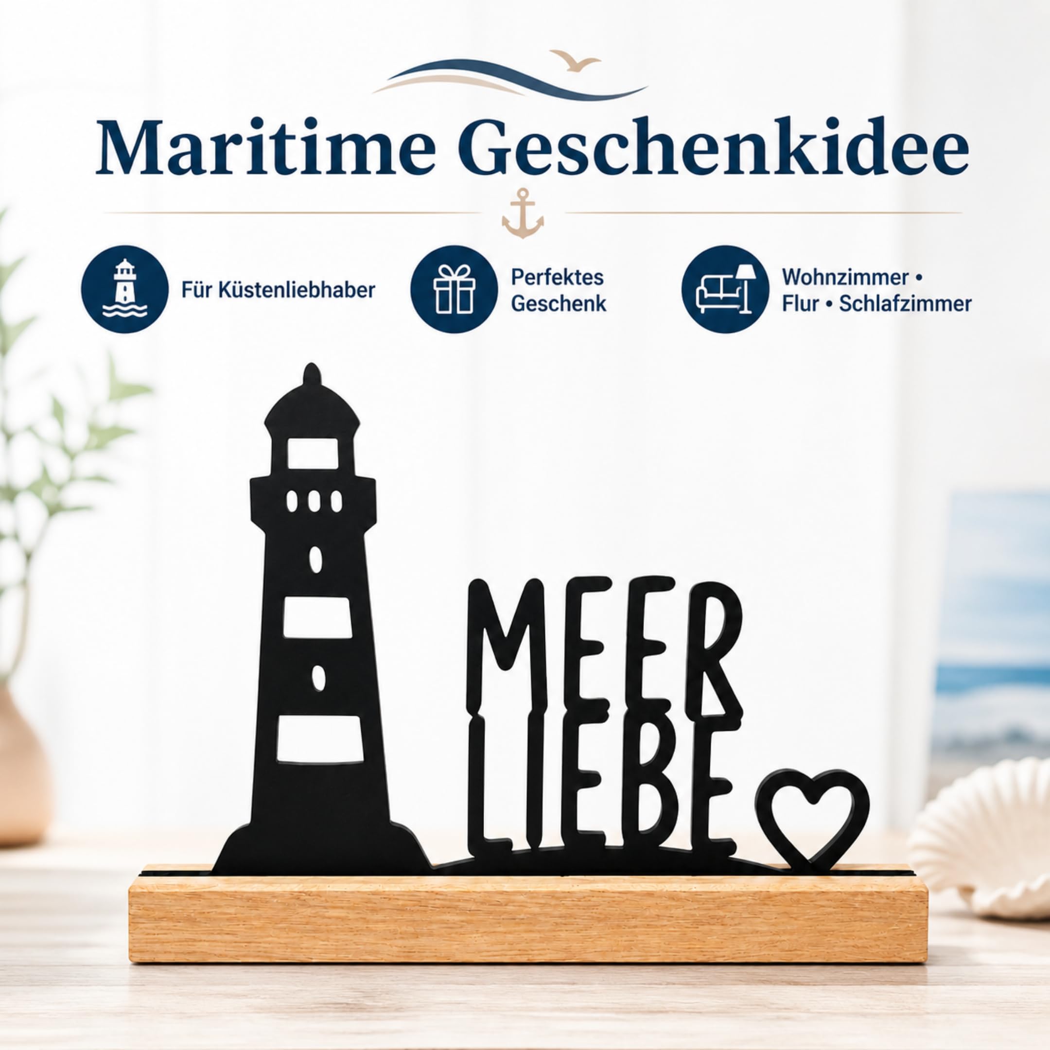 Generisch Meerliebe Aufsteller aus Eichenholz – Maritime Deko mit Leuchtturm & Herz, Holz Aufsteller 22 cm, Ostsee Deko für Fensterbank, Regal, Kommode & Geschenk für Küstenliebhaber