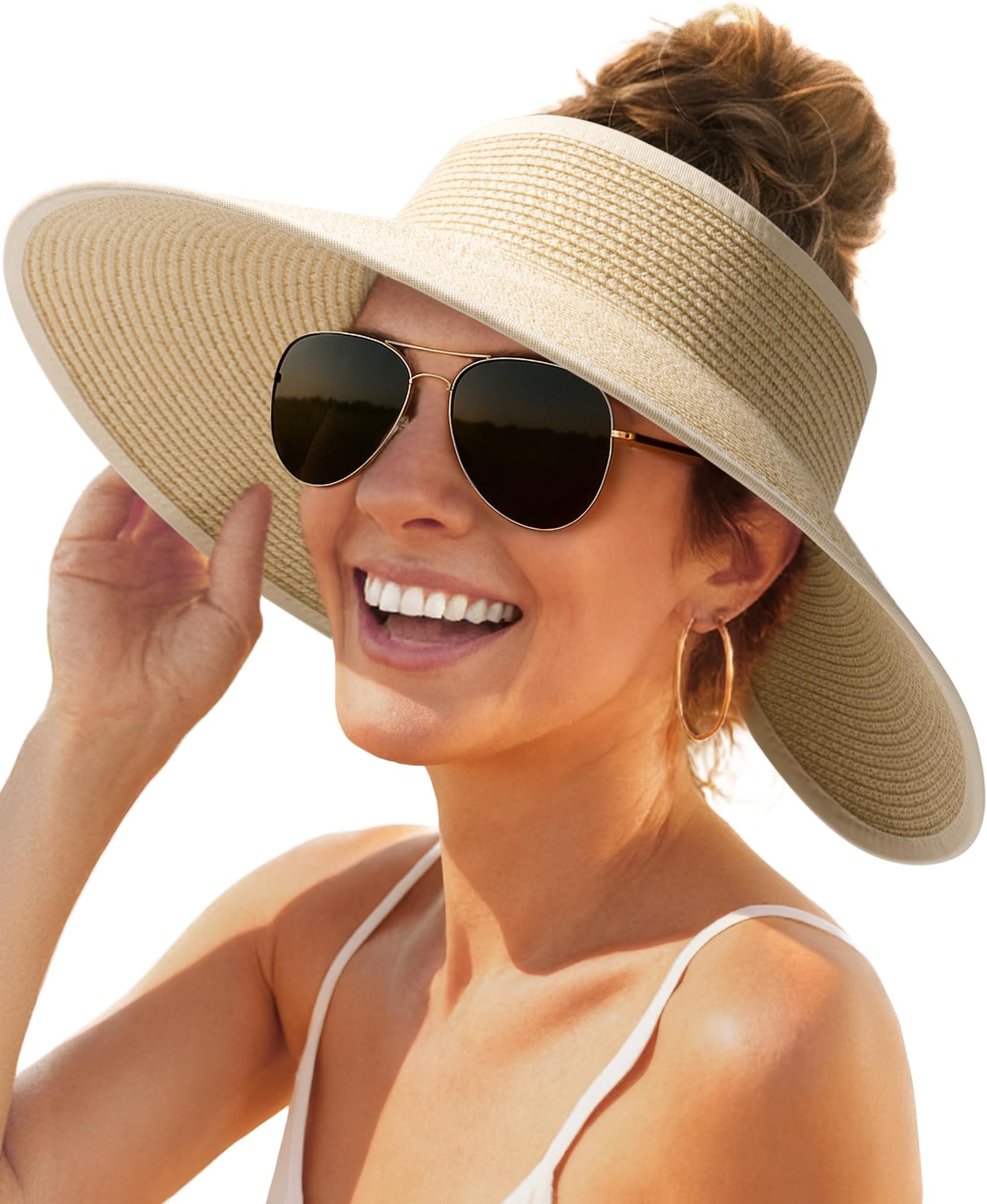 Womens Sun Hat with Ponytail Hole Wide Brim Beach Straw Visor