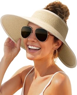 FURTALK Womens Sun Hat with Ponytail Hole Wide Brim Beach Straw Visor