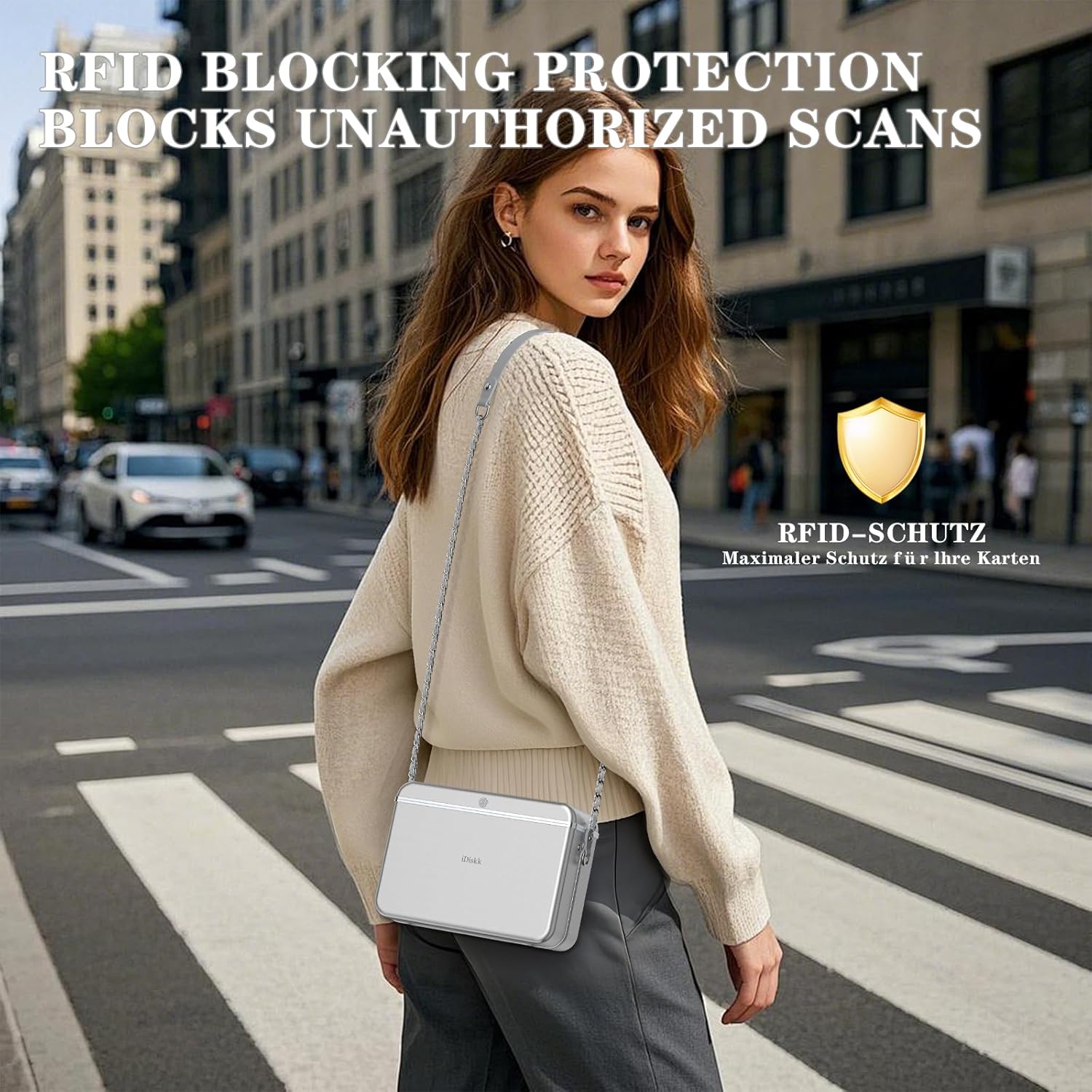 Image demonstrating RFID blocking protection of the iDiskk Security Lock Box Shoulder Bag.