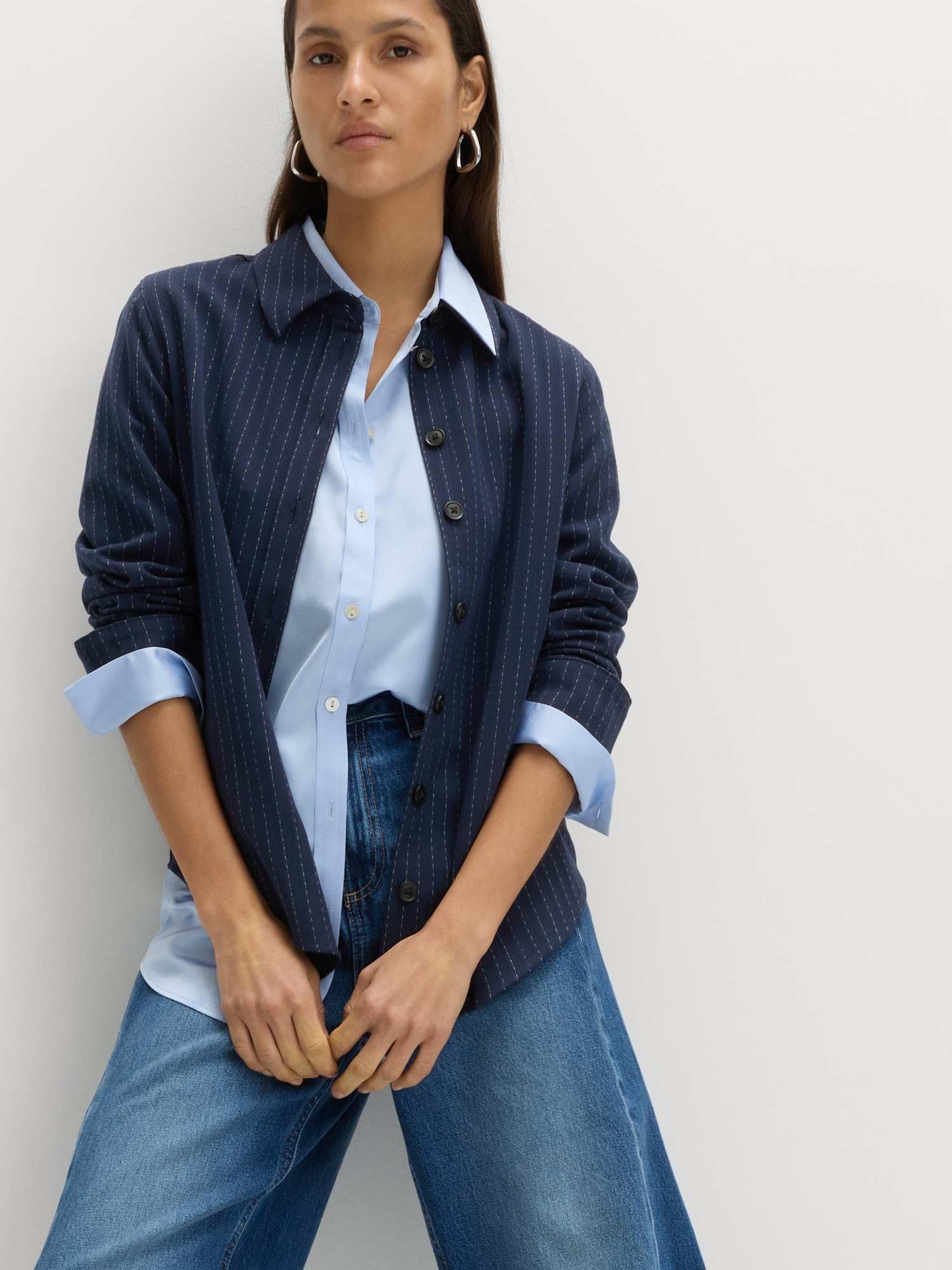 Marks & Spencer Donna Aderente Gessato Colletto Camicia – con Stretch – con Bottoni – Wide Polsini
