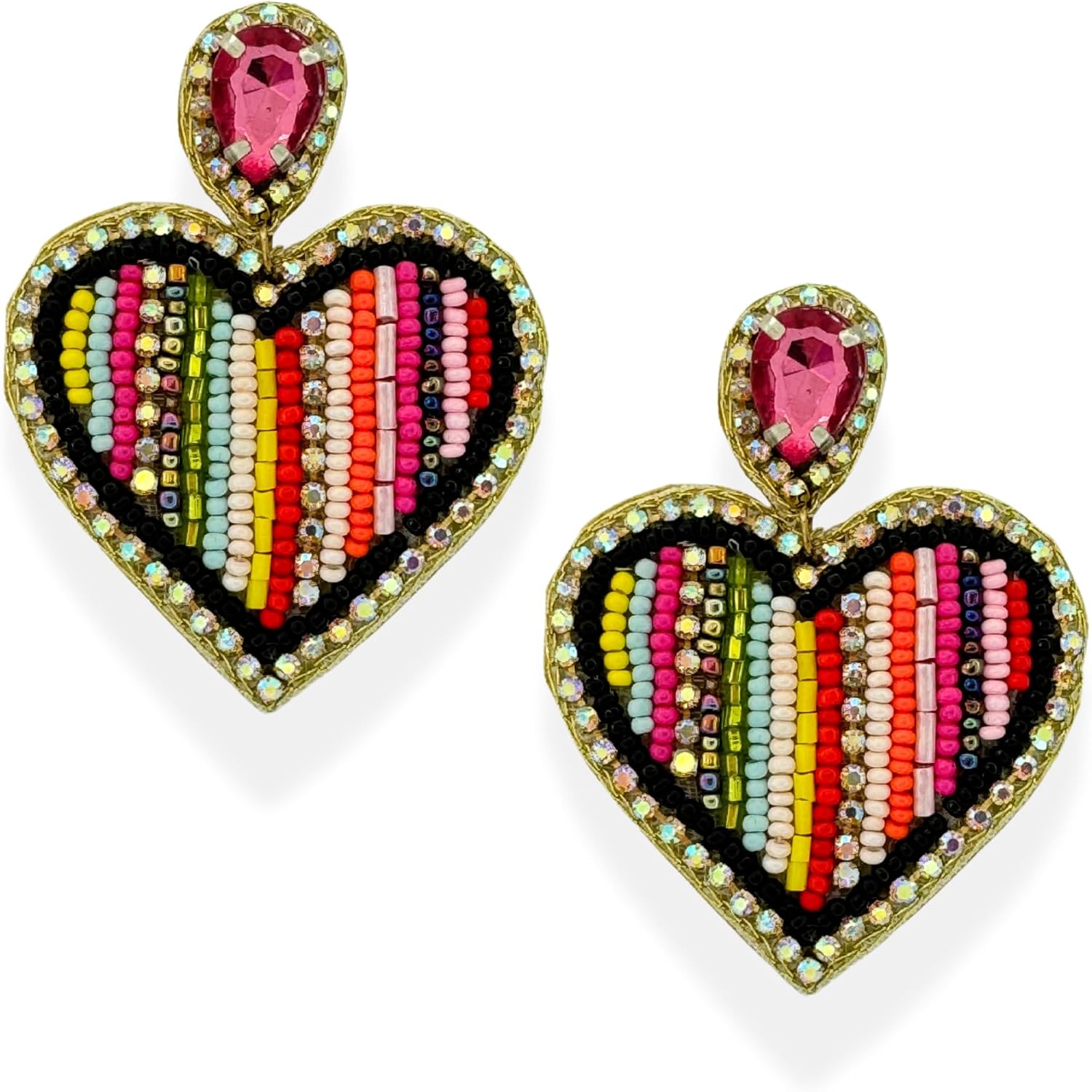 Red Heart Earrings for Women, Boho Statement Tassel Earrings, Handmade Heart Earrings, Gold Beaded Dangle earrings, Beaded Studs for Female, Gift for Valentine's Day and Mother's Day