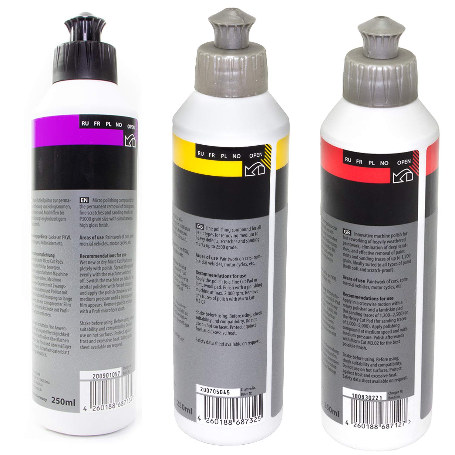 Politur Set Koch Chemie Heavy Cut H9.01 + Fine Cut F6.01 + Micro Cut & Finish M3.02 je 250 ml