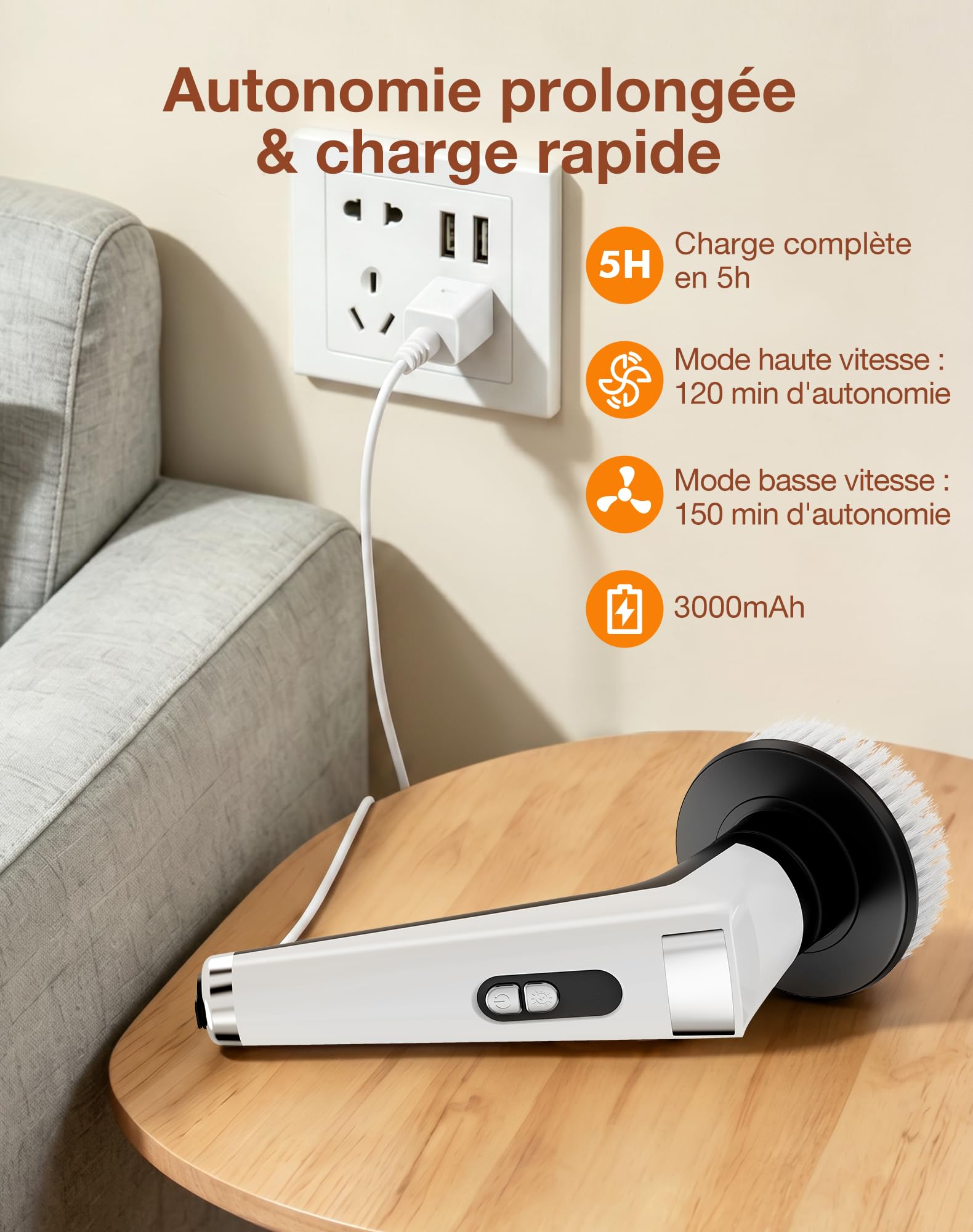 Brosse Nettoyage Électrique avec 9 Têtes, Manche Extensible, 3 Vitesses, Étanche IPX8, Batterie de 3000 mAh, Brosse Rotative Nettoyage avec Éclairage LED pour Salle de Bain, Cuisine, Sols