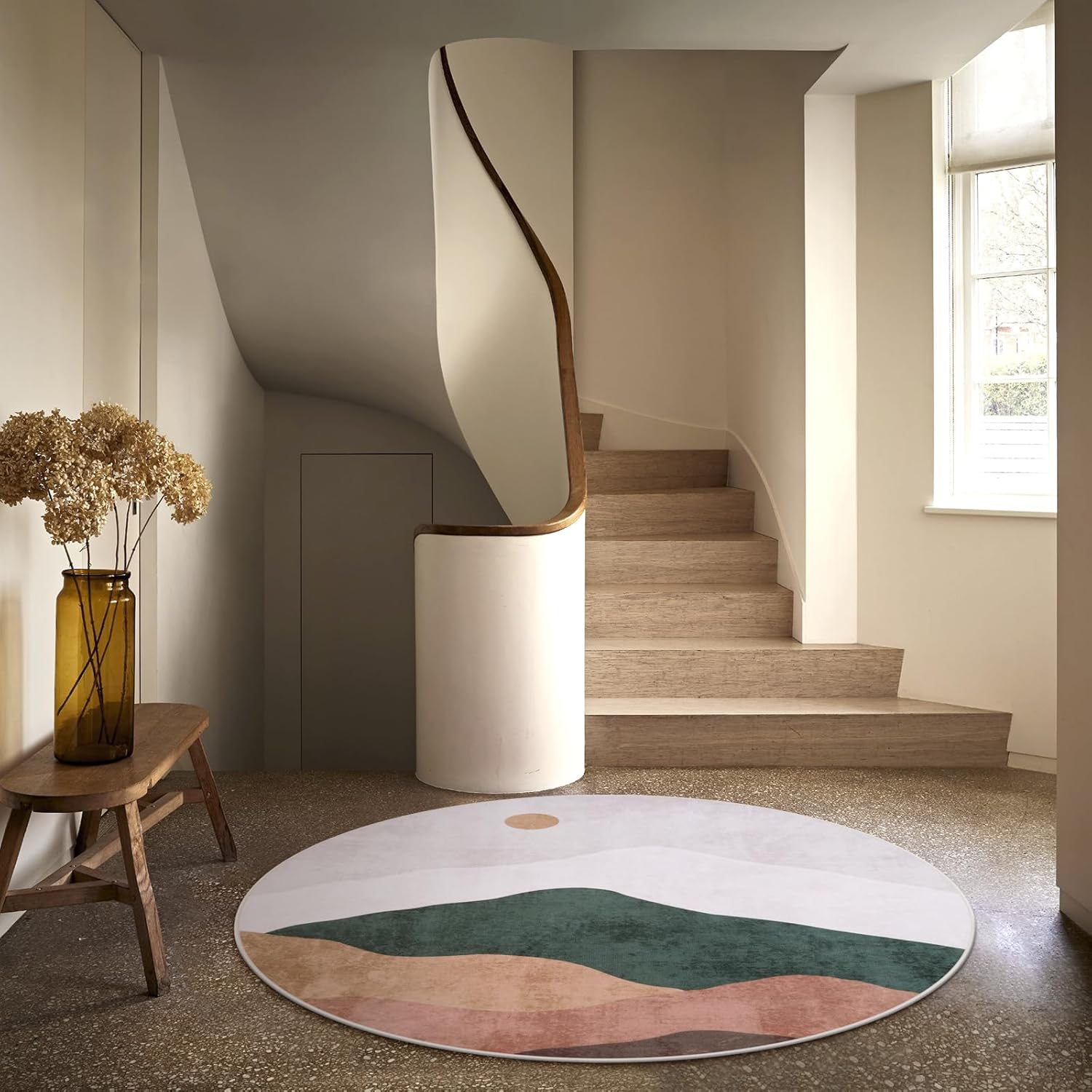 5ft Abstract Round Rug,Chic Washable Non-Slip Sun and Mountain Area Circle Rug,Soft Low-Pile Circle Throw Rugs for Living Room Sofa Kids Room Decor(Grey)