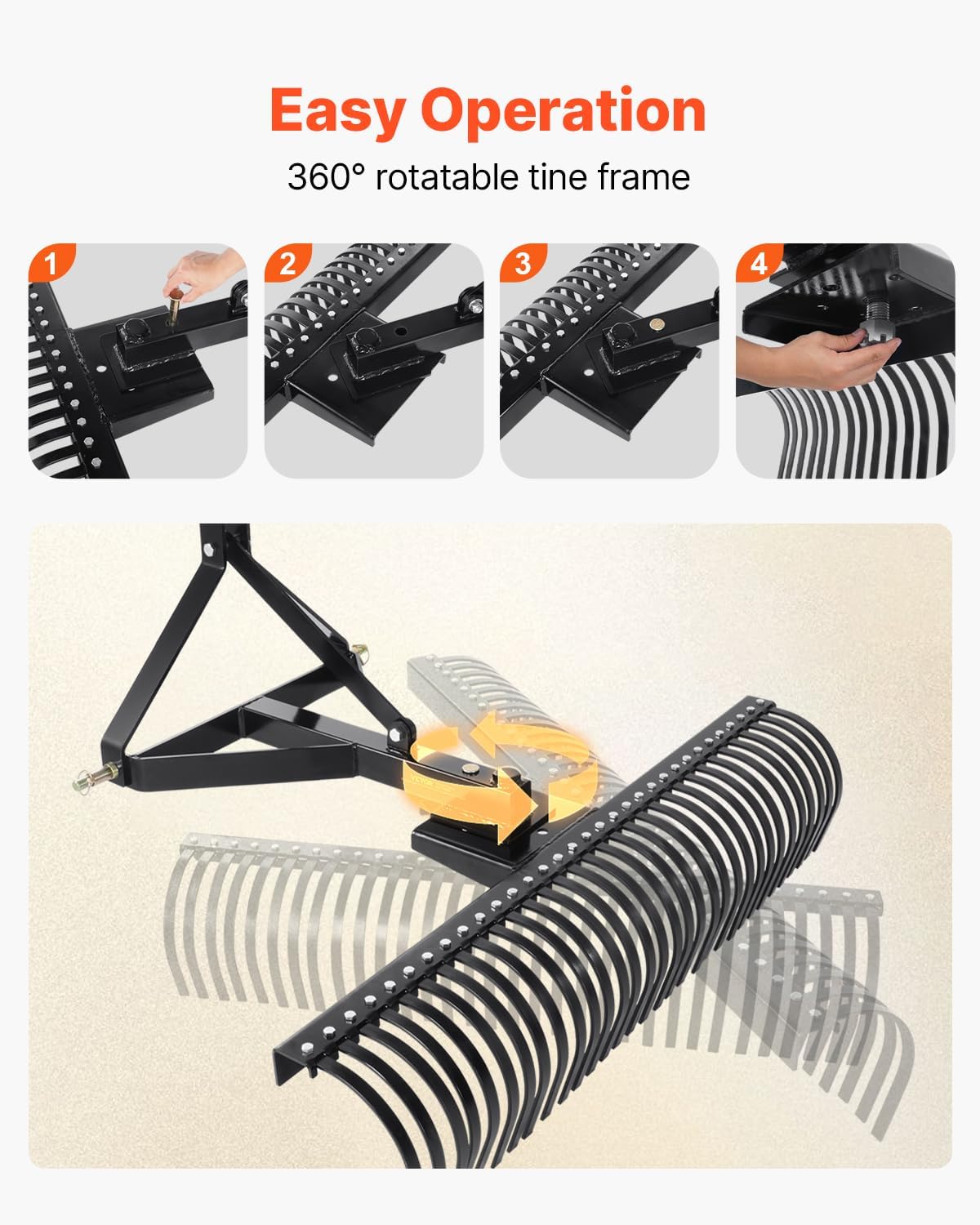 VEVOR Pull-Behind Thatch Remover, 60" Width, 3-Point Dethatcher Equipped with 32 Durable Steel Prongs, Tractor-Compatible 3-Point Hitch Garden Rake, Ideal for Soil Preparation and Grass Maintenance