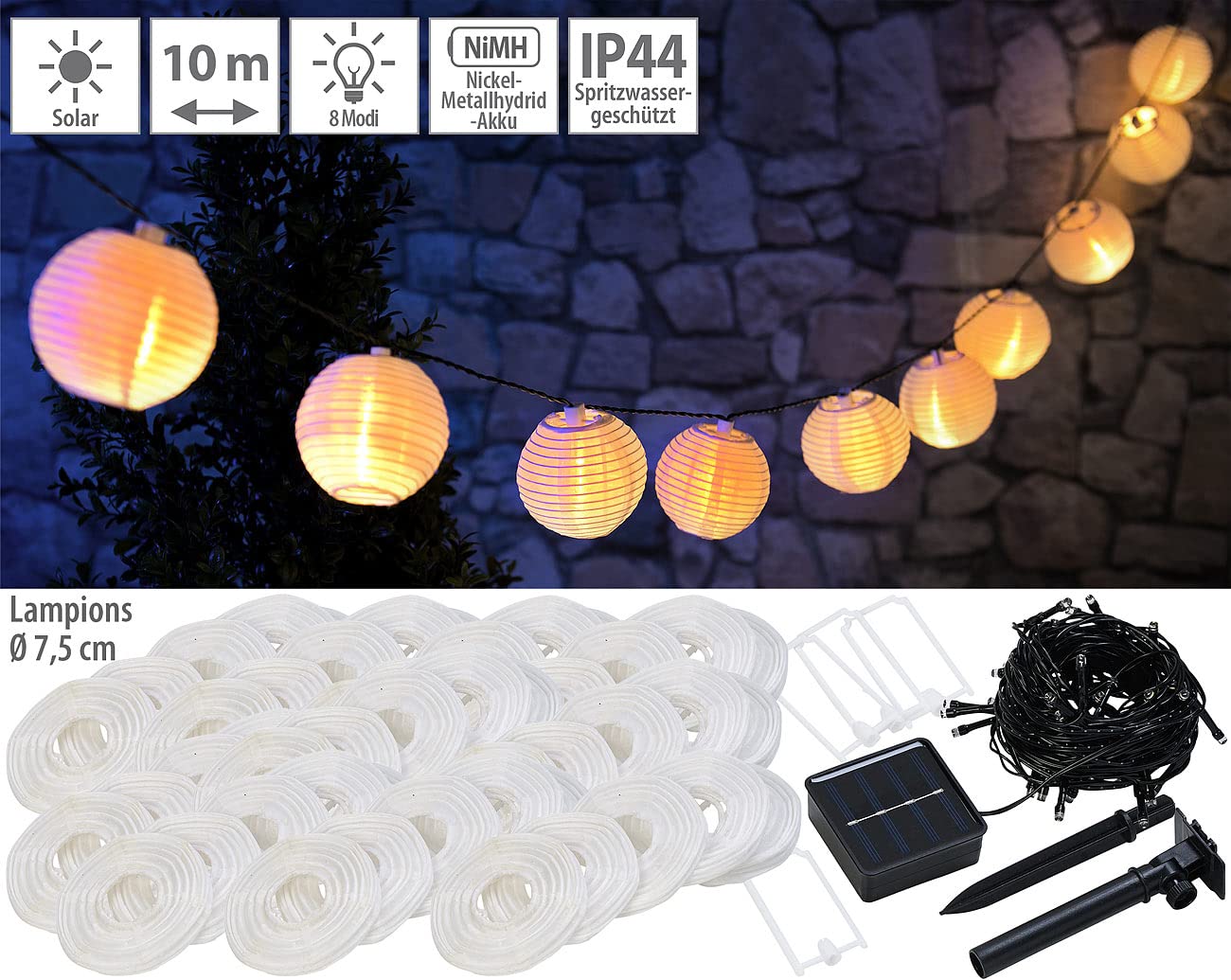 Lunartec Mini Solar Lichterkette: 2er-Set Solar-LED-Lichterketten, warmweiß, je 50 weiße Lampions, IP44 (Lichterkette außen Lampion, Balkon, Ball)