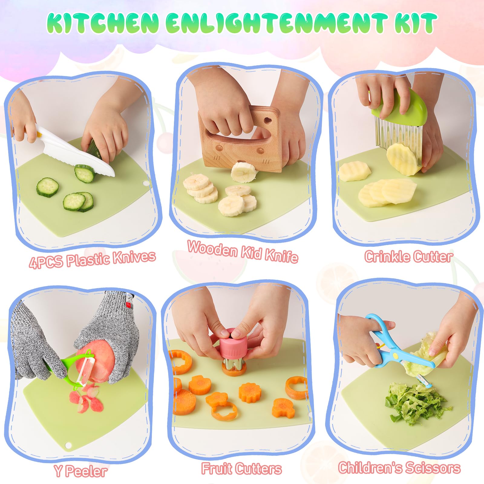 Yiomxhi Set di coltelli da cucina per bambini 7 pezzi, Coltelli