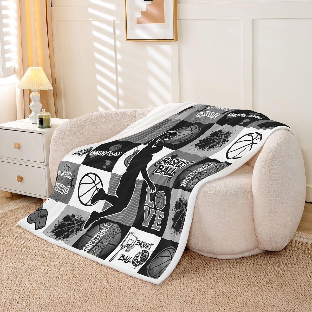 Feelyou Basketball Throw Blanket Basketball Gaming Soft Fleece Sherpa Cozy Fuzzy Plush Warm Black Gray Fuzzy Plush Throw Gift for Sports Lover Queen 90"x90" Ball for Bed Couch Living Room