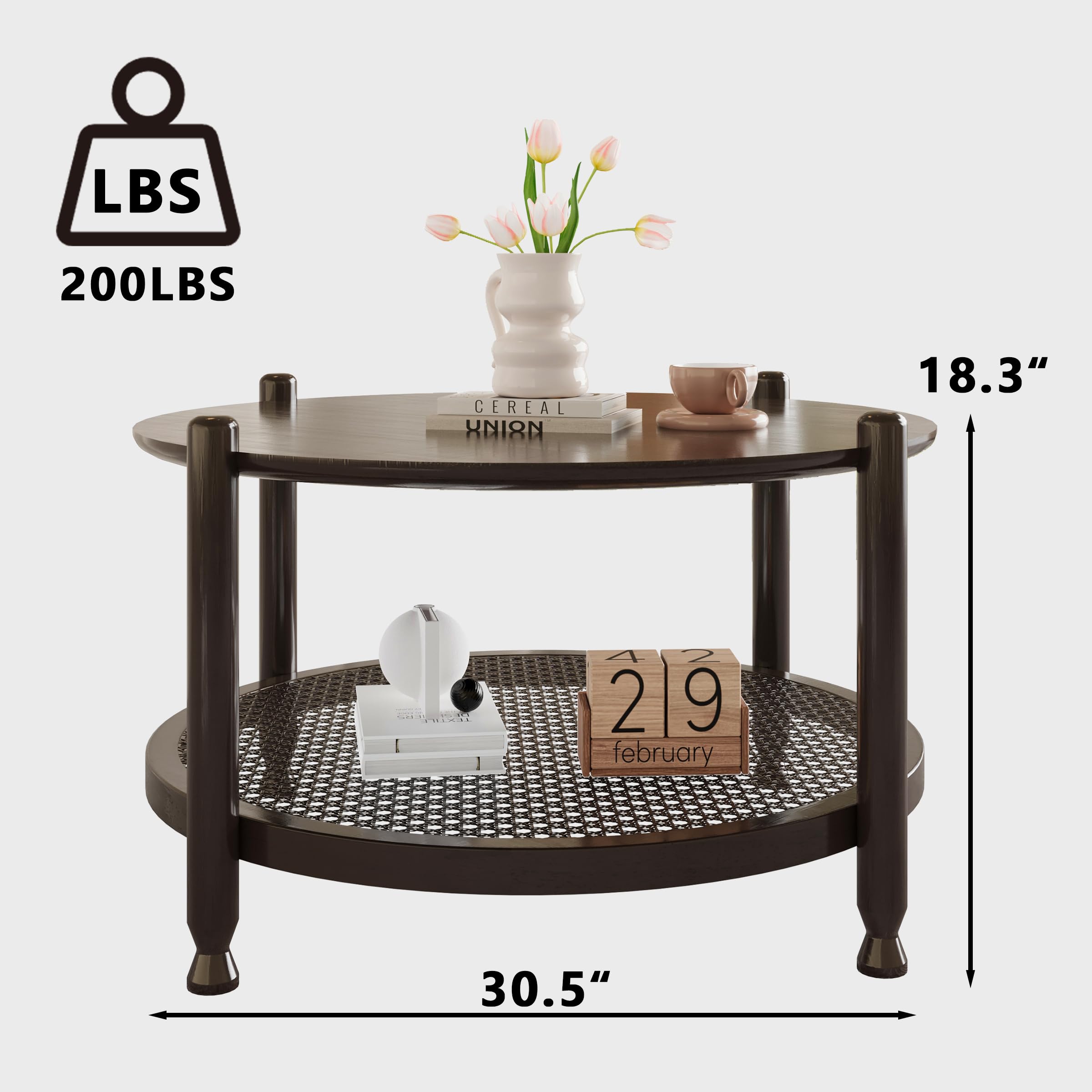 NSdirect 32 Round Coffee Table for Living Room 2-Tier Solid Wood Center Table for Home Decor with Boho Woven Rattan Storage Shelf | Modern Farmhouse Design Easy Assembly Black Brown product thumbnail 4