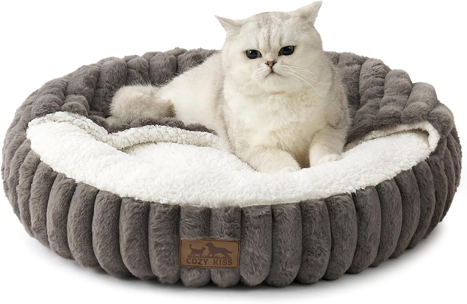 Cat Bed with Hooded Blanket, Round Fluffy Anti-Anxiety Pet Bed for Cats/Small Dogs, Cozy Donut Cuddler with Machine Washable Faux Fur & Anti-Slip Bottom(23"23"6",Grey)