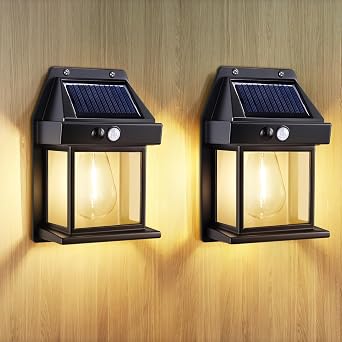 2 Pack Solar Wall Lights Outdoor, Garden Wall Lights Solar Powered Waterproof, with Motion Sensor, Ip65 Solar Security Lights, for Gardens Fence Porch Garage Patio Yard, Warm White