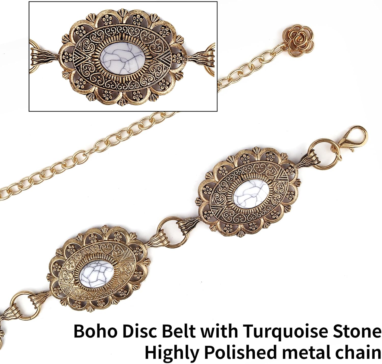 Western Concho Belt for Women - Silver & Gold Metal Cowgirl Waist Chain with Turquoise Stone, Retro Punk Belt for Dresses, Jeans, Concerts & Country