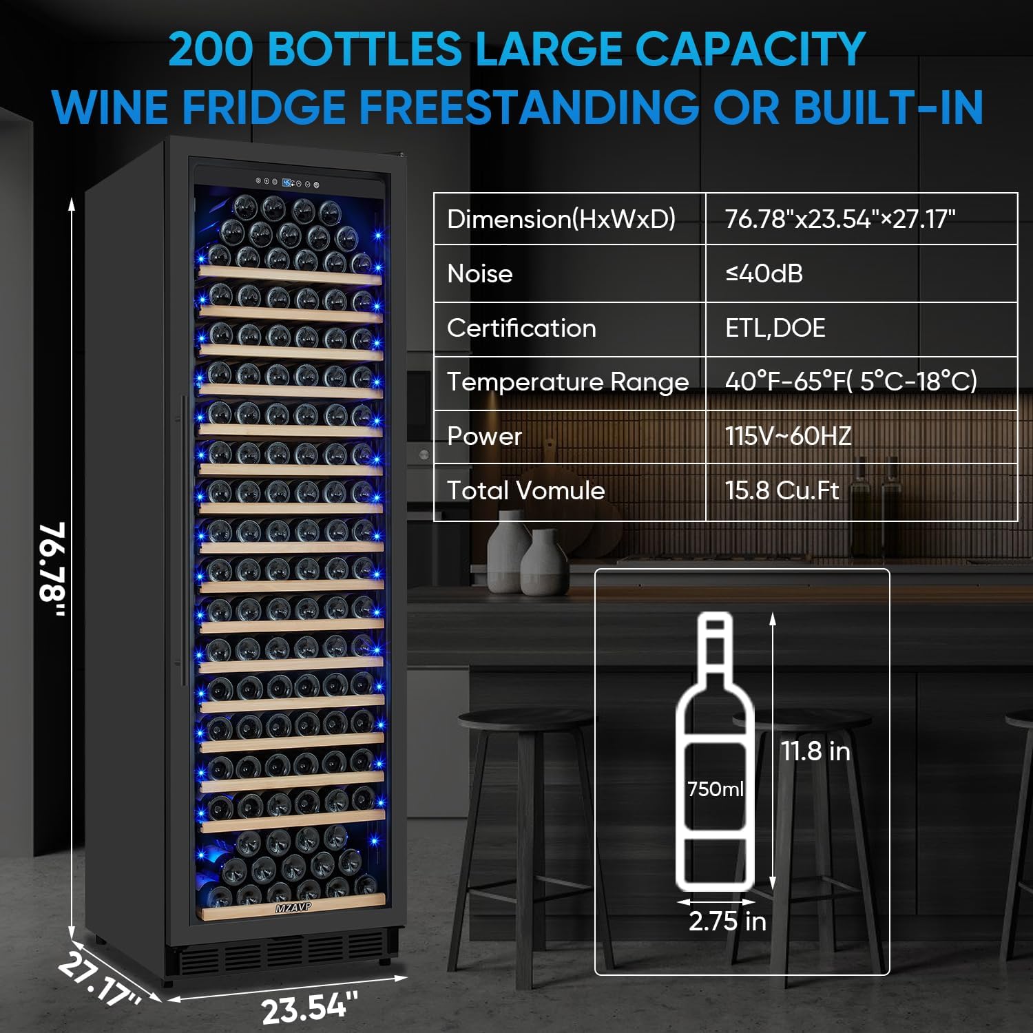Dual Zone Wine Beverage Cooler & 200 Bottle Wine Fridge Combo, Built-In/Freestanding Refrigerator With Advanced Compressor & Low Noise - Black