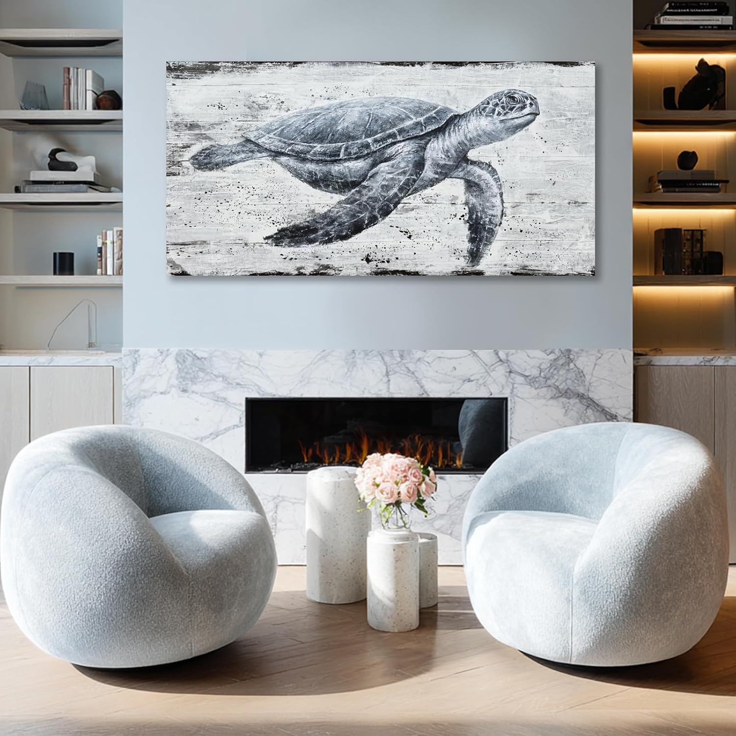 Hue7Art Marine Life Turtle Wall Art Canvas Ocean Wildlife Illustration, Retro Coastal Style Painting for Living Room Bedroom Bathroom Seaside Wall Decoration 29x58 Inch