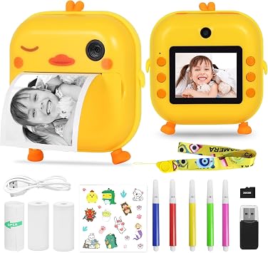 AURTEC Instant Camera for Kids - Mini Thermal Printing, No Ink Required, 48MP Dual, 1080P HD Video, 32G TF Card, 3 Print Paper, 2.4 Inch Color Screen, Cute Animal Cartoon Design, Duck