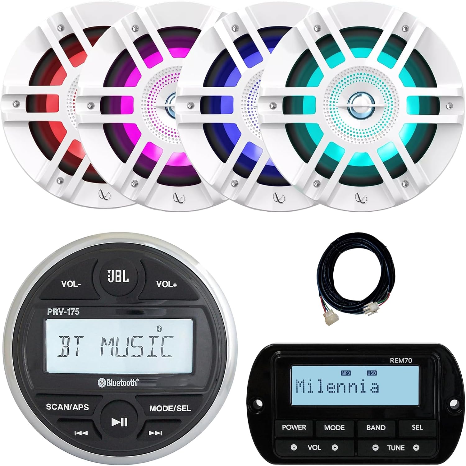 JBL PRV-175 Marine Gauge Hole Mount USB Bluetooth AM/FM Digital Stereo Receiver, Wired Remote, 20-Foot Extension Cable, 4x 6.5" 300 Watt Peak Power 2-Way RGB LED Boat White Speakers