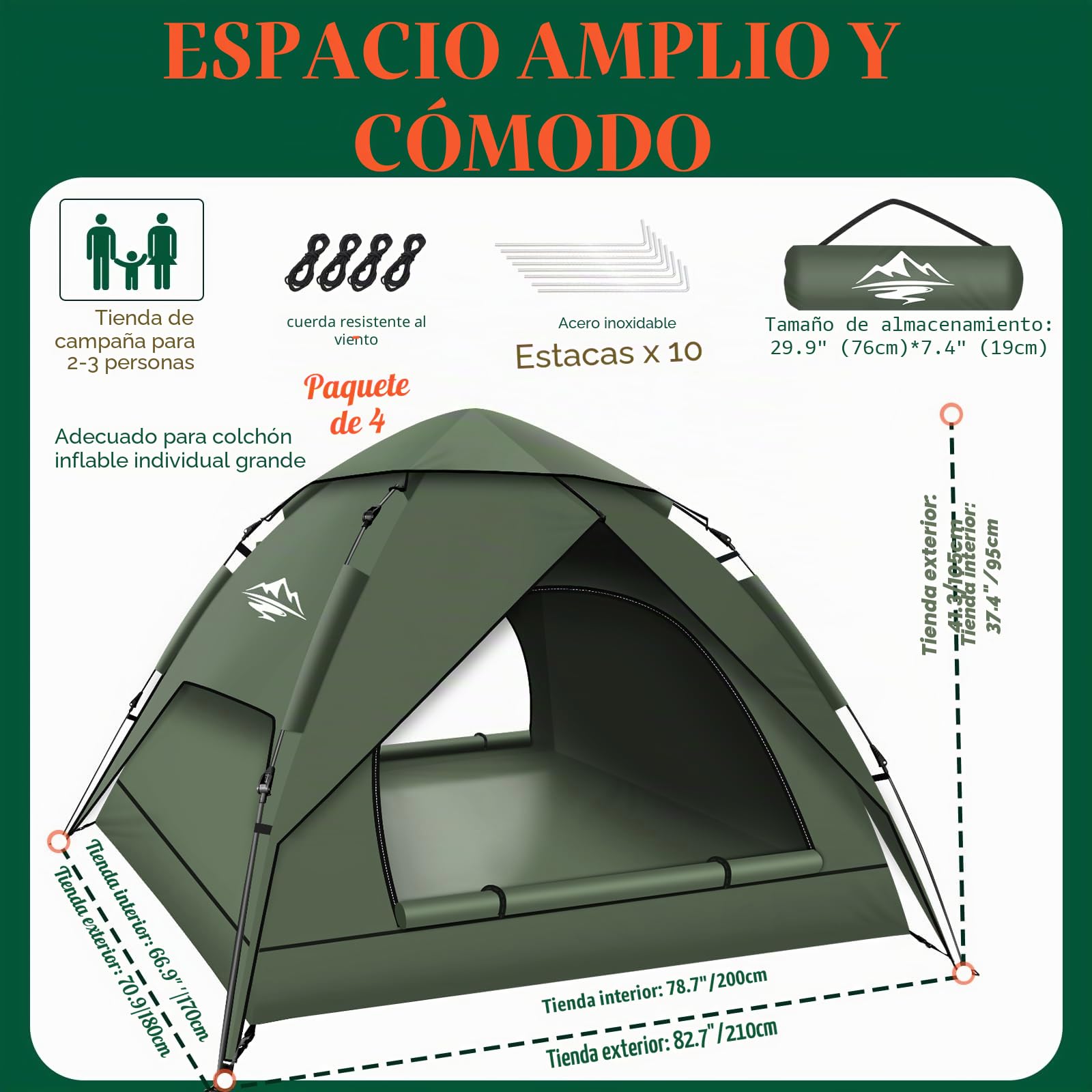 Tienda de Campaña 2-3 Personas Automática, Tienda de Cúpula de Doble Capa Portátil, Tienda de Campaña Grande para 3 Estaciones para Trekking, Familias, Camping
