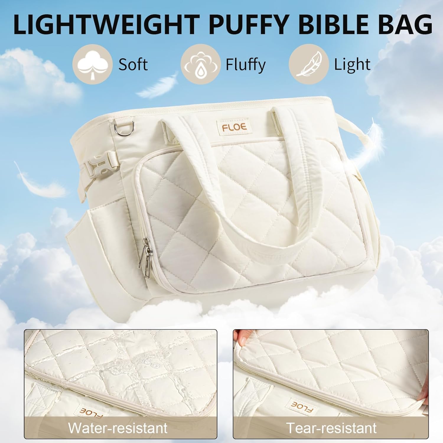 Large Bible Bag w/Bible Cover Case for Women, Puffer Bible Tote Bag Quilted Church Bag Book Carrying Case w/Shoulder Strap, Bible Study Supplies Journaling Kit Accessories Women Christian Easter Gift
