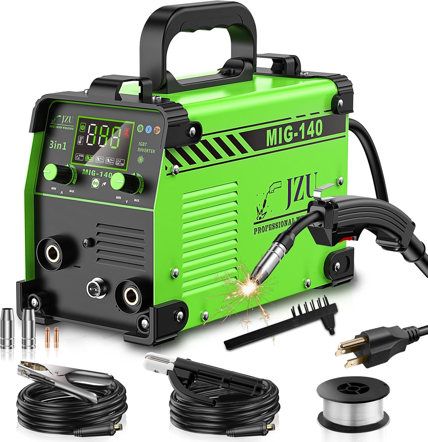 140A Mig Welder, 110V Flux Core Welding Machine/Stick/Lift Tig 3 In 1 Welder with Synergy, Portable Gasless Welder Equipment with Large LCD Display, Wire Feed Welder for Multi Use