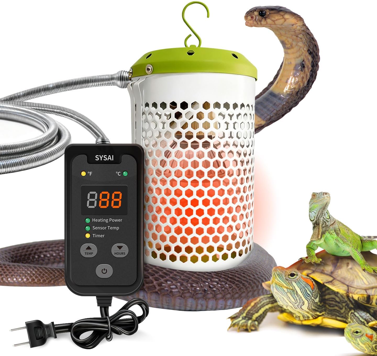 Smart Reptile Heater with Built-in Thermostat, Red Light Bulb, and Bite-Proof Cord – Safe for Snakes, Lizards, Chameleons, Turtles, Chicks, Amphibians, and Flower Pots