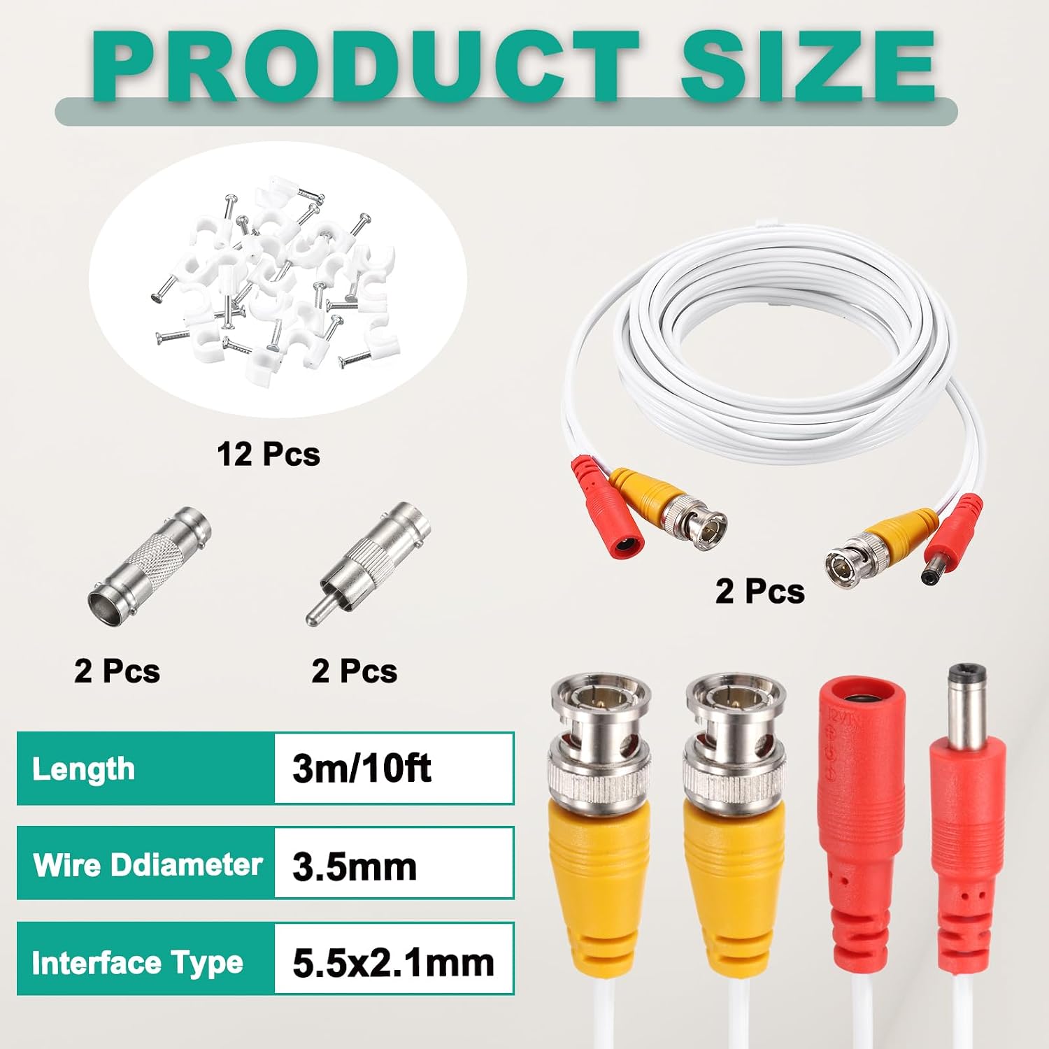 MECCANIXITY BNC Video Power Cable,3m/10ft All-in-One Security Camera Wire Cord DC Extension Wire for CCTV Security DVR Camera System Installation Plug & Play Cord,2 Set White