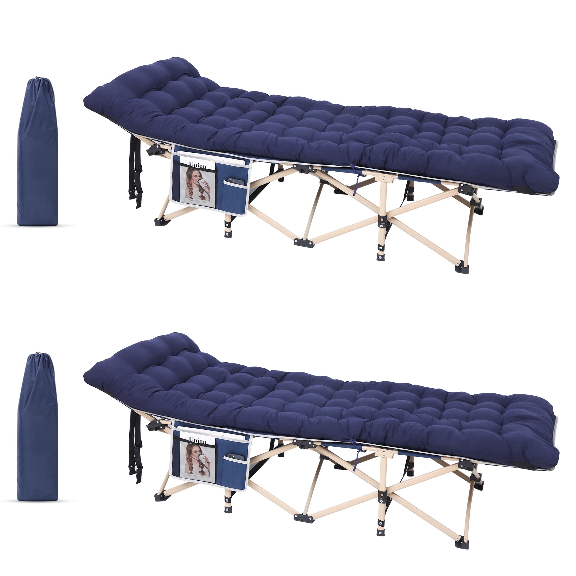 WGOS Camping Cot, Folding Camping Cot Folding Cot for Adults with Mattress, Carry Bag, Pillow and Side Mesh Holders Holds Weights Up to 500Lbs for Indoor & Outdoor (2-Pack Navyblue)