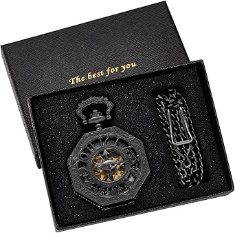 Classic Bronze/Black Mechanical Pocket Watches, Mechanical Vintage Bronze/Black Mechanical Pocket Watches Roman Numerals Black Dial Watches for Men