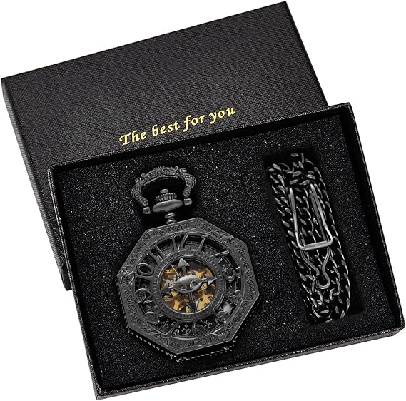 Classic Bronze/Black Mechanical Pocket Watches, Mechanical Vintage Bronze/Black Mechanical Pocket Watches Roman Numerals Black Dial Watches for Men