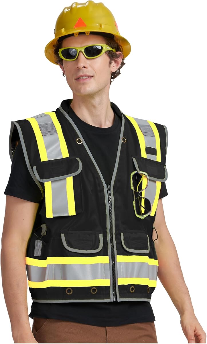 AYKRM Heavy Woven cotton High Vis Reflective work construction safety vest for men Class 2 with ipad Cargo Back Pocket