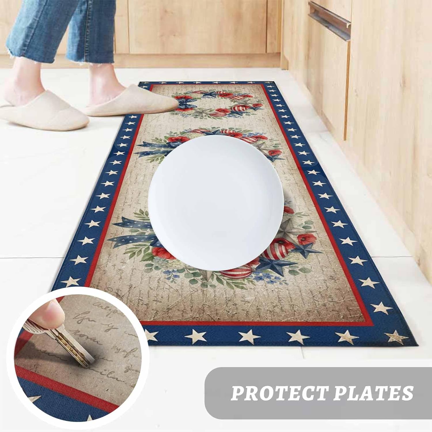 Teamery Kitchen Mats for Floor Independence Day 250th Anniversary Washable Non Slip Kitchen Rugs 1PCS, Patriotic Floral Wreath Absorbent Standing Mats for Sink Bathroom Office Living Room 23.6x70.9in