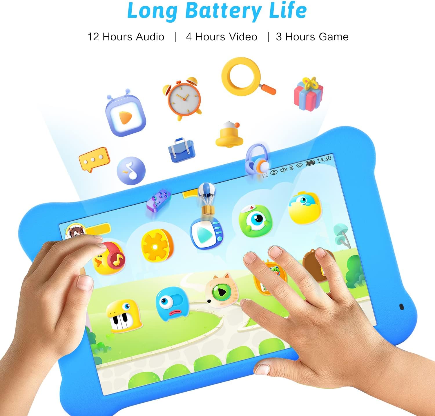 AEEZO Kids Tablet with 'Long Battery Life' text, showing icons for audio, video, and game usage times.