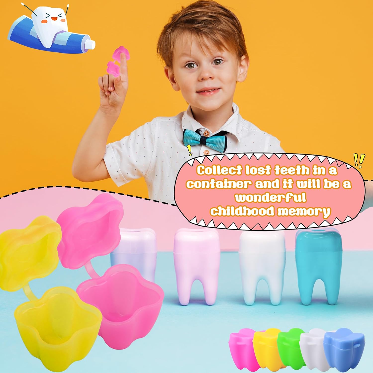 300 Pcs Kids Multicolor Tooth Savers Bulk Plastic Lost Tooth Holders Mini Tooth Treasure Chest for Boys Girls Keepsake Party Supplies Dentist Office Giveaways, 5 Colors