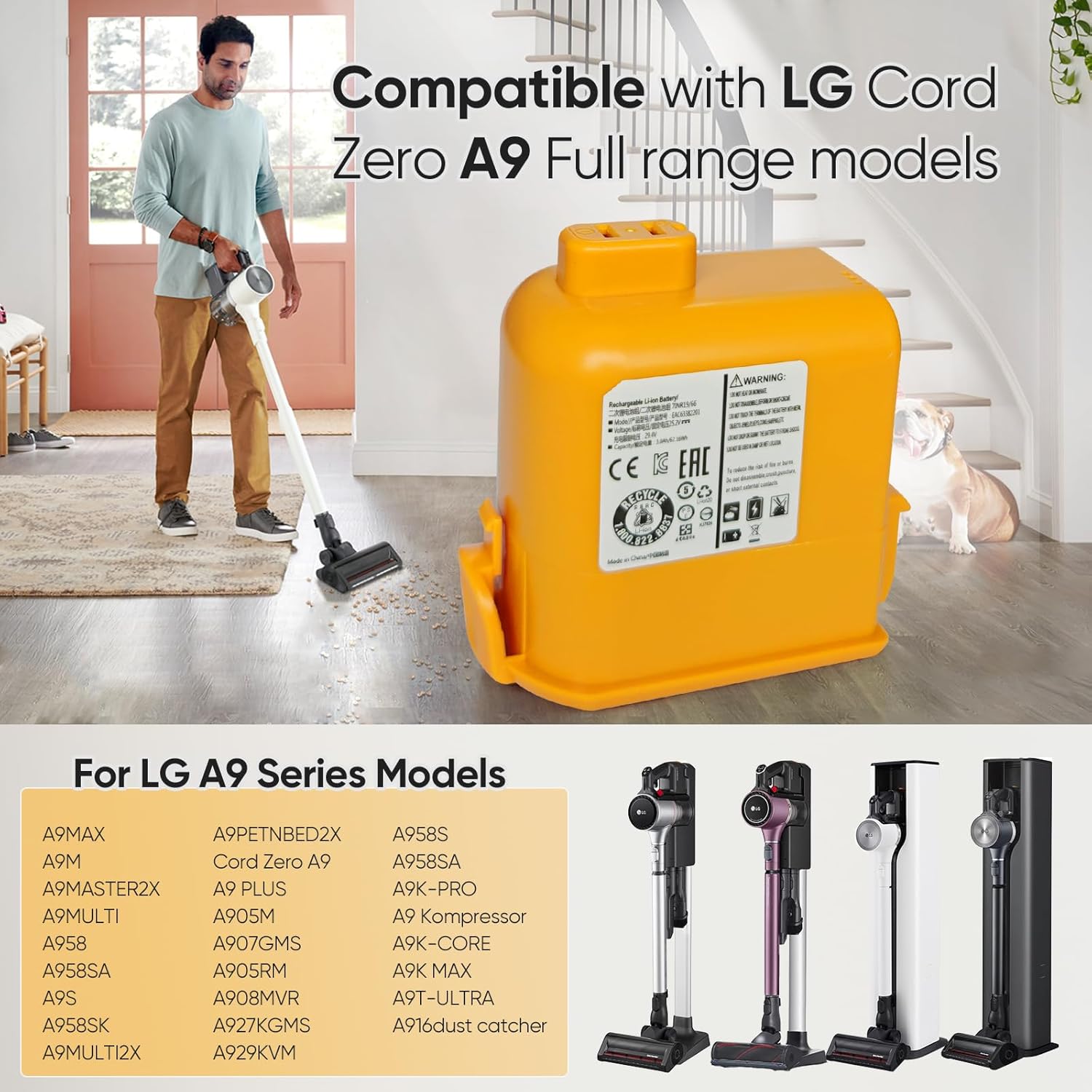 3000mAh Replacement Battery for LG Cord Zero A9, Battery for A9 Series Cordless Stick Vacuum Cleaner A9, A927KGMS, A927KVMS, A908VMR, A9S, A9M, A9 MAX, A9 Plus, A9K-CORE, A9K MAX, A9T-Ultra, A9K-PRO