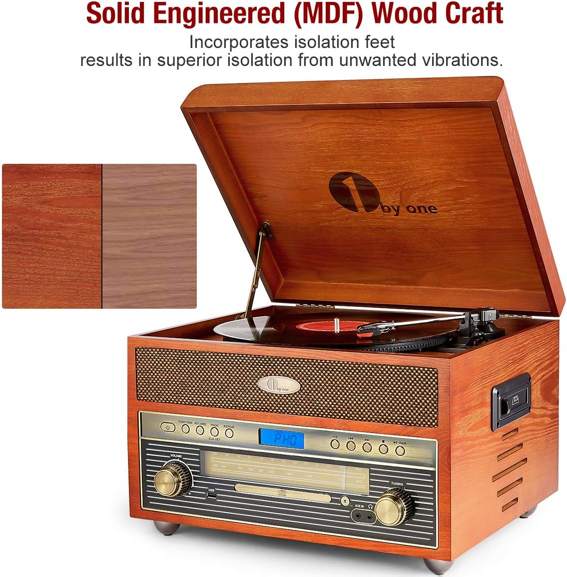 1byone Nostalgic Wooden Turntable Wireless Vinyl Record Player with AM, FM, CD, MP3 Recording to USB, AUX Input for Smartphone and Tablets, RCA Output