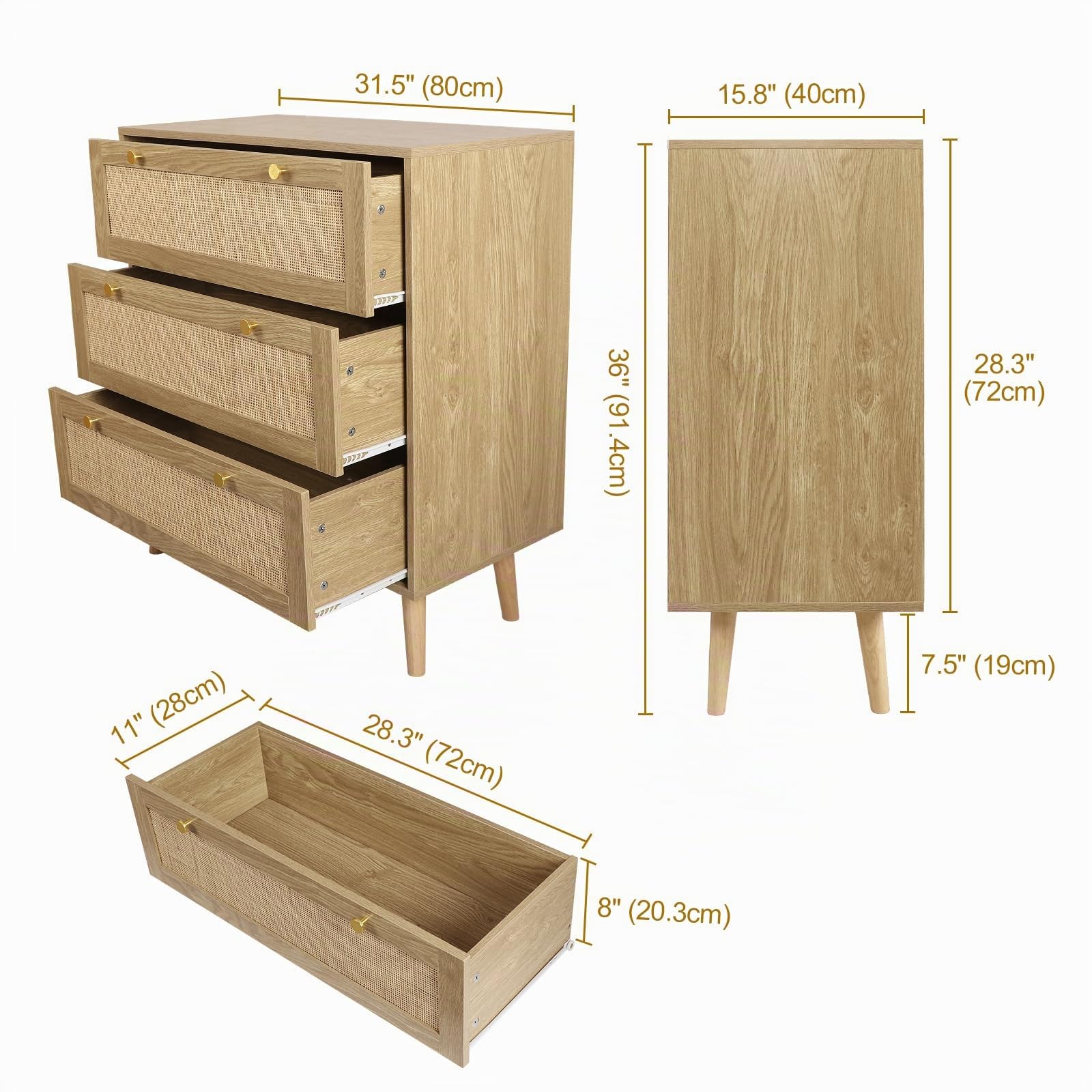 Rattan Cassettiera Camera da Letto, Comò Camera da Letto Moderno con 3 Cassetti, Gamba in Legno Massello, per Ingresso, Soggiorno, Cameretta e Corridoio 80 x 40 x 91.4 cm