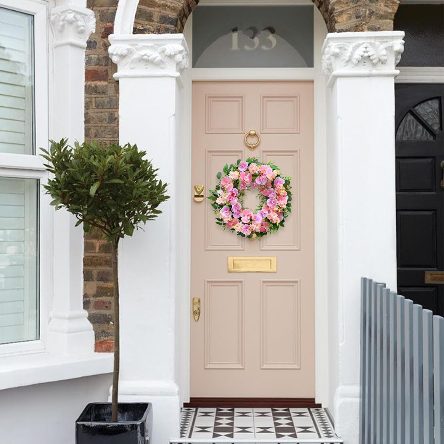 22 Inch Spring Summer Wreaths for Front Door,Artificial Floral Decoration Wreath with Pink Phalaenopsis Hydrangea Leaves for Home Wall Window Easter Wedding Valentine Party Indoor Outdoor Decor