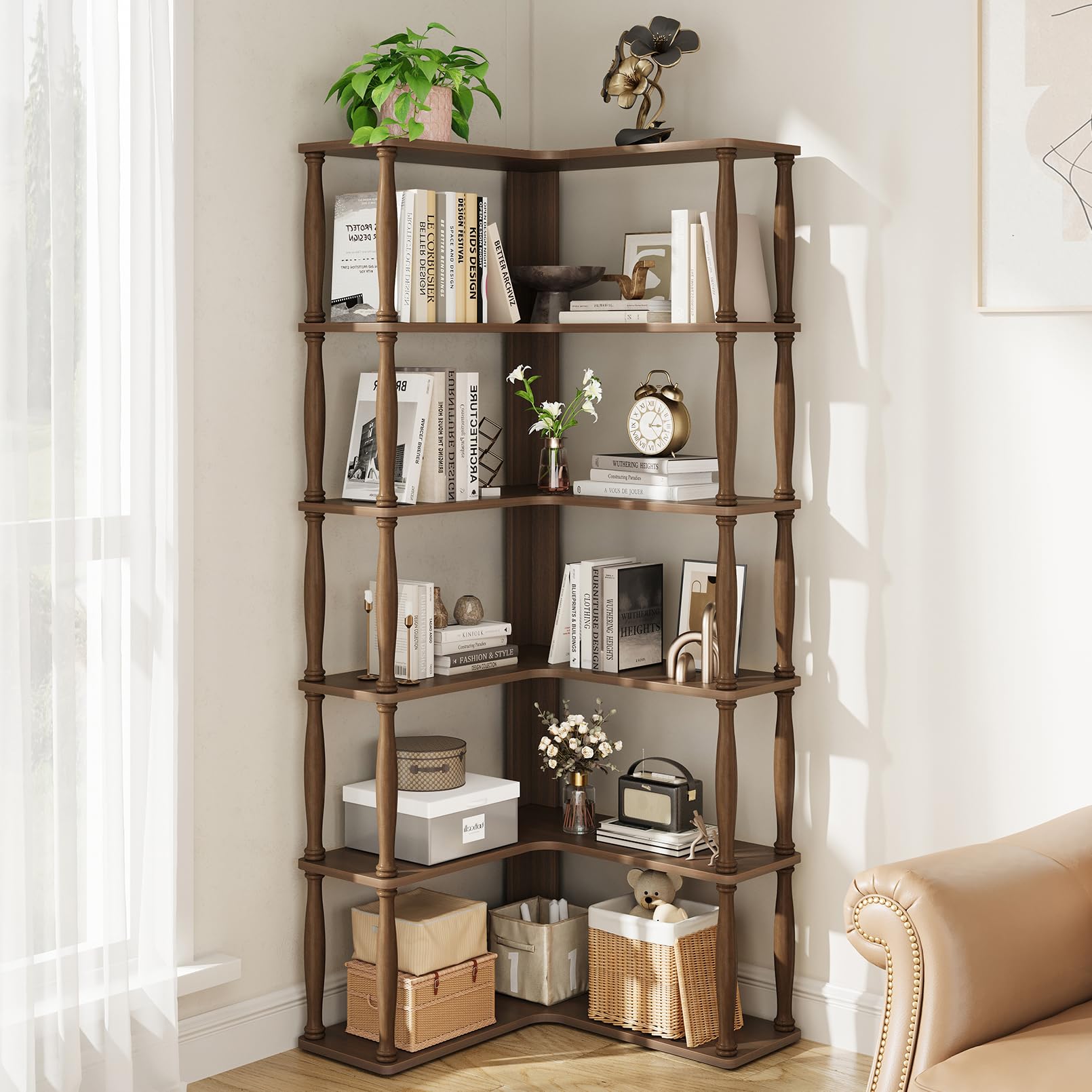 6 tier corner bookshelf, l shaped bookcase with solid wood posts,vintage american display shelf for home office, living room, bedroom, kitchen