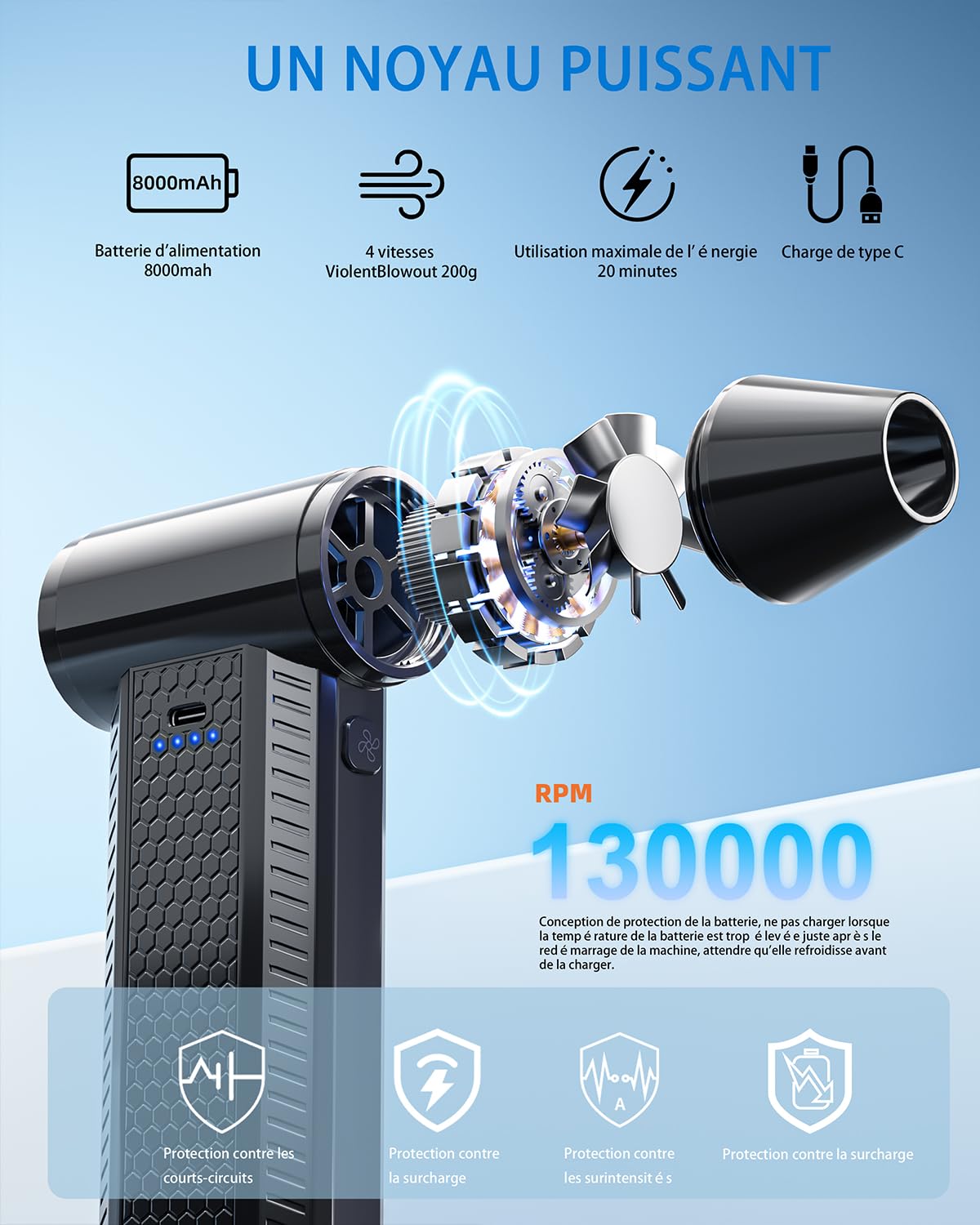 FOURQ Souffleur Air Comprimé avec,130000 TR/Min Souffleur avec Batterie 4000mAh,4 Vitesses Mini Souffleur Sans fil Puissant avec Brosses de Nettoyage PC pour Voiture, Maison, Clavier (noir)