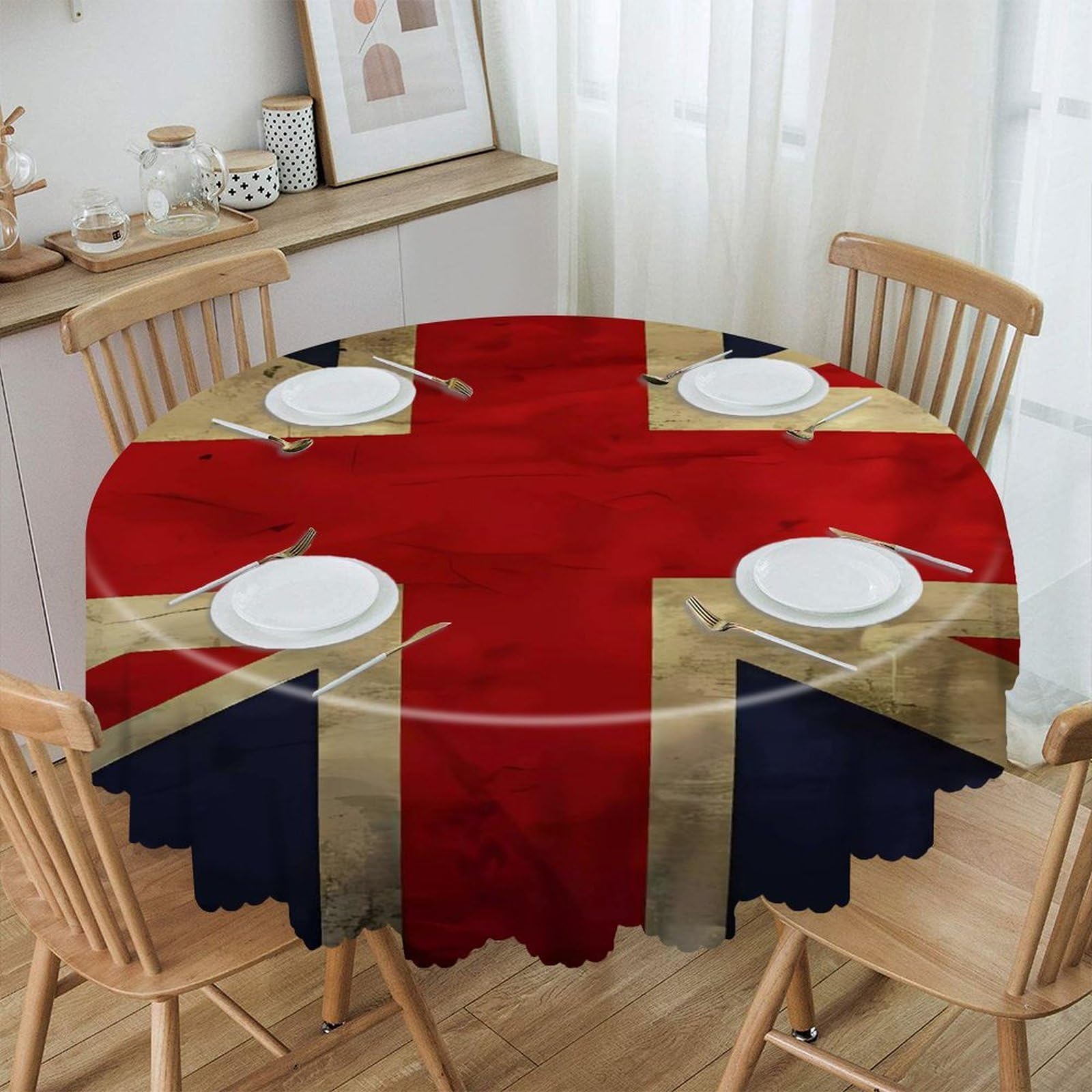 VstaDank 60 Inch Round British Flag Tablecloth Polyester Waterproof Wrinkle Free Table Cloth Spillproof Washable Table Cover Colorful Tablecover Decor for Home Kitchen Dining Party