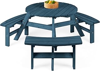 Best Choice Products 6-Person Circular Outdoor Wooden Picnic Table for Patio, Backyard, Garden, DIY w/ 3 Built-in Benches, 500lb Capacity - Harbor Blue