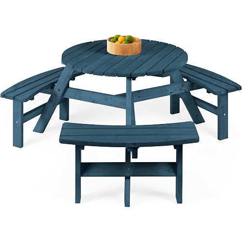 Best Choice Products 6-Person Circular Outdoor Wooden Picnic Table for Patio, Backyard, Garden, DIY w/ 3 Built-in Benches, 500lb Capacity - Harbor Blue