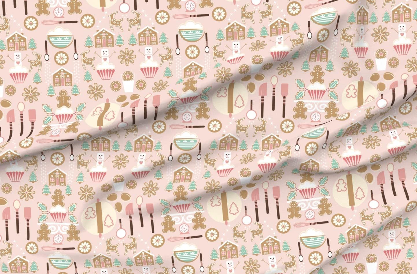 Spoonflower Fabric - Baking Pink Christmas Pastel Gingerbread Holiday Maximalist Printed on Organic Cotton Sateen Fabric by The Yard - Sewing Quilting Apparel Home Decor
