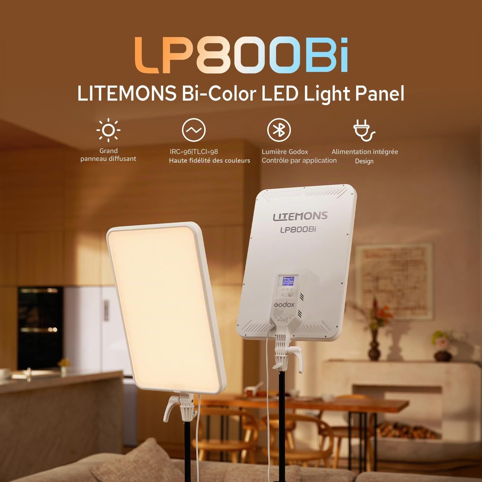 Godox LP800Bi Panneau LED Vidéo, 85W Lumière Douce Bicolore Studio, 2800K-6500K 11 Effets FX, Contrôle APP, Silencieux sans Ventilateur pour Livestream, Vlog