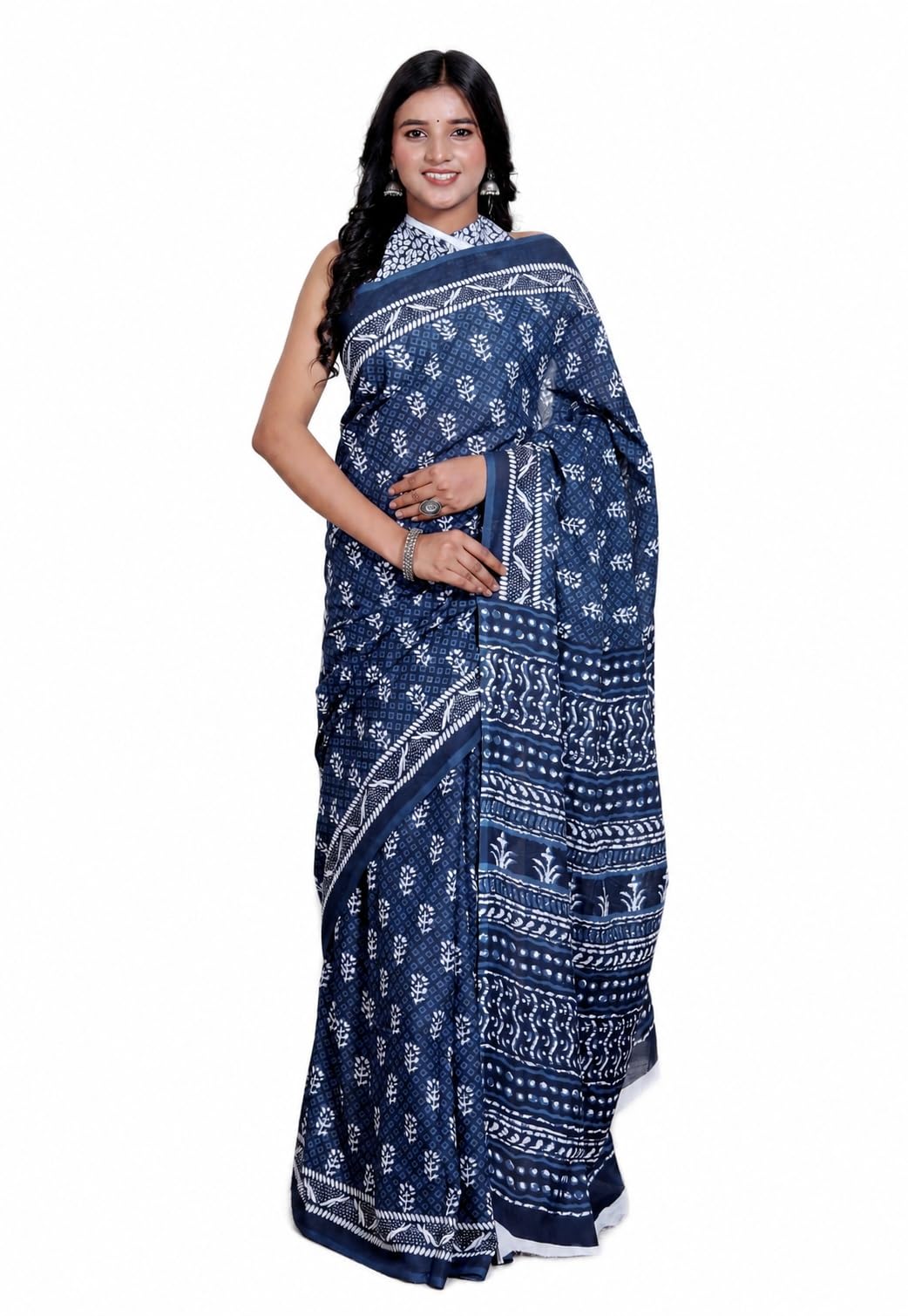 Ready to Wear Pure Cotton Printed Saree for Women with Unstitched Blouse – Soft, Breathable Lightweight Daily Wear Saree (Style 105, Blue)-picture-41
