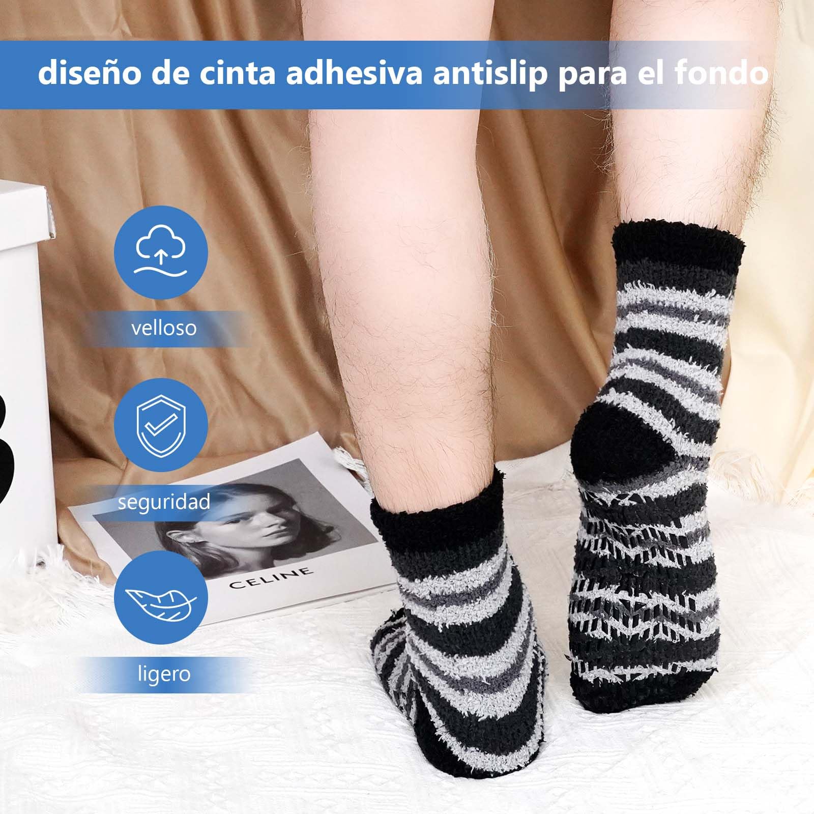 LOFIR Calcetines Invierno Antideslizantes para Hombre: Calcetines Térmicos para Dormir - Calcetines Calentitos y Gordos de Polar Coral Calcetines Suaves y Mullidos con Rayas 36-46 5 Pares
