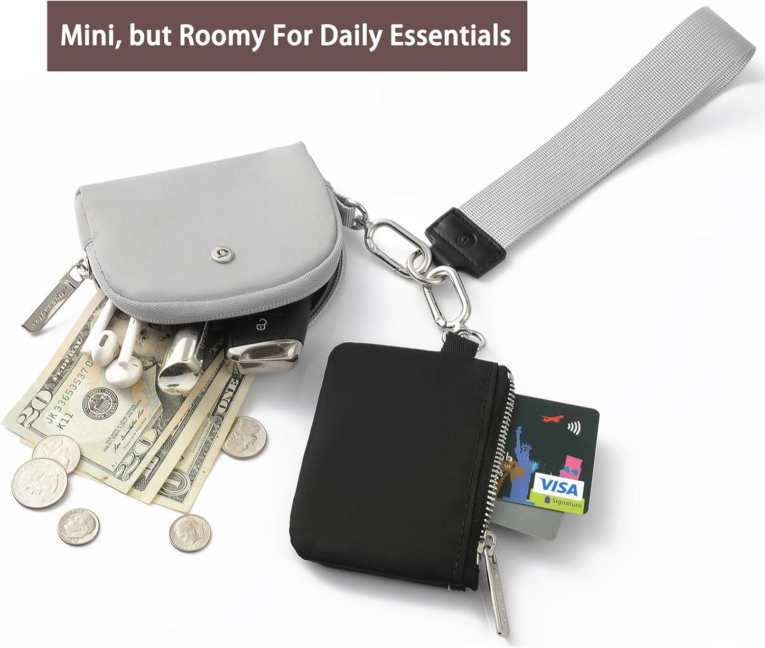Keychain Wallet Mini Zip Around Wristlet Wallets for Women Detachable Dual Pouch Wristlet Portable Coin Purse Small Wallets With RFID Blocking (Black & Gray) - Image 2