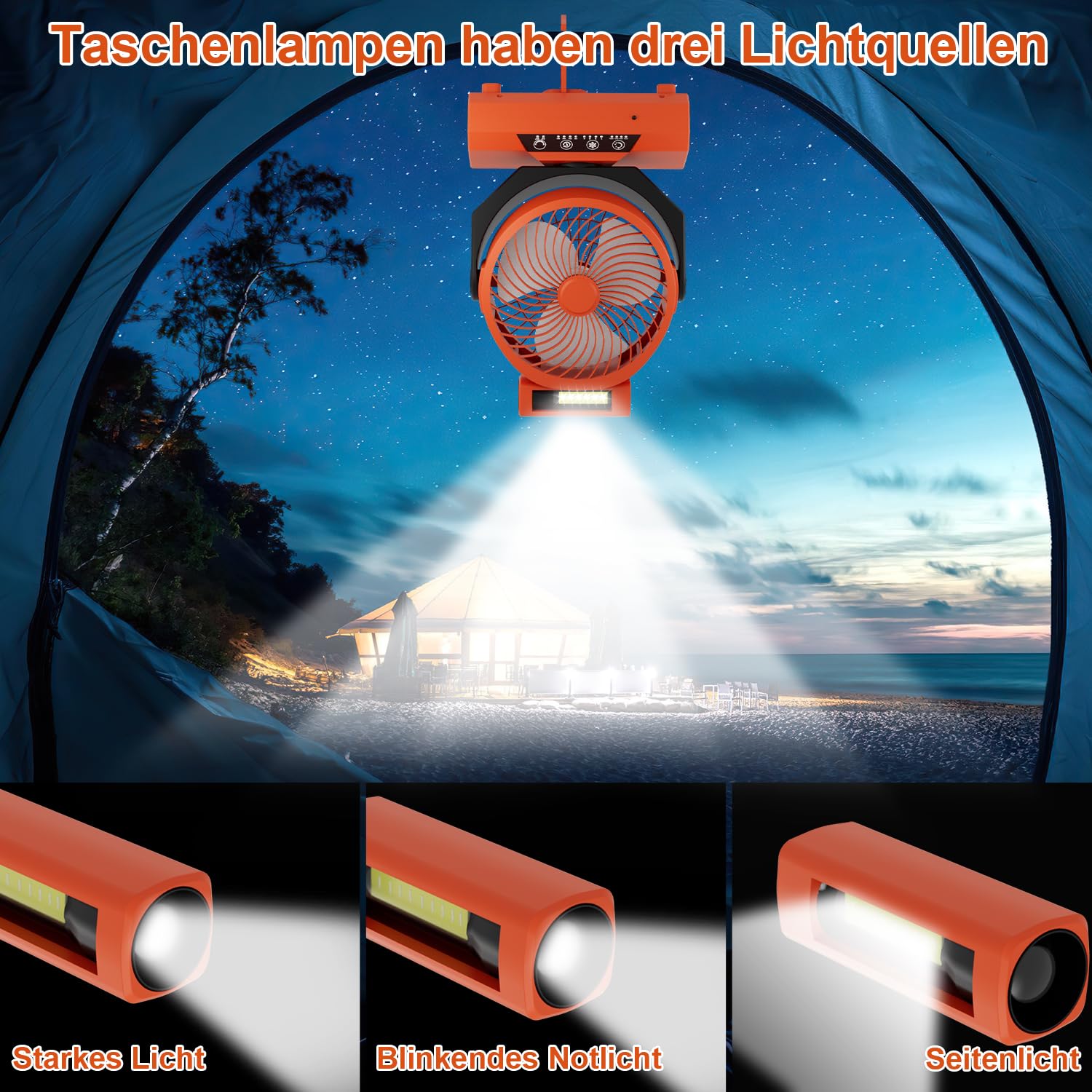 Ventilatore da campeggio con gancio e lanterna a LED, portatile, 20000 mAh, 2 in 1, orientabile a 270°, 3 velocità, ventilatore USB per campeggio, picnic, ufficio, camera da letto (arancione)